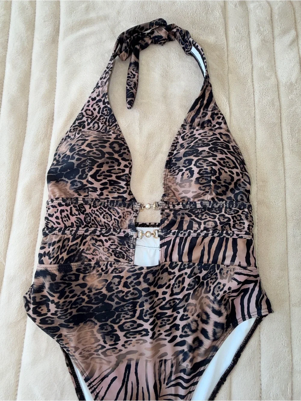 Animal Print Leopard Zebra Halter One Piece Swimsuit Cutout Gold Detail